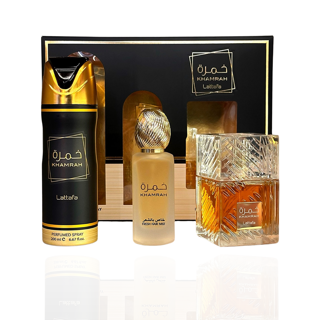 Lattafa Khamrah Set: Eau de Parfum 100ml + Body Spray 200ml + Hair Mist 50ml